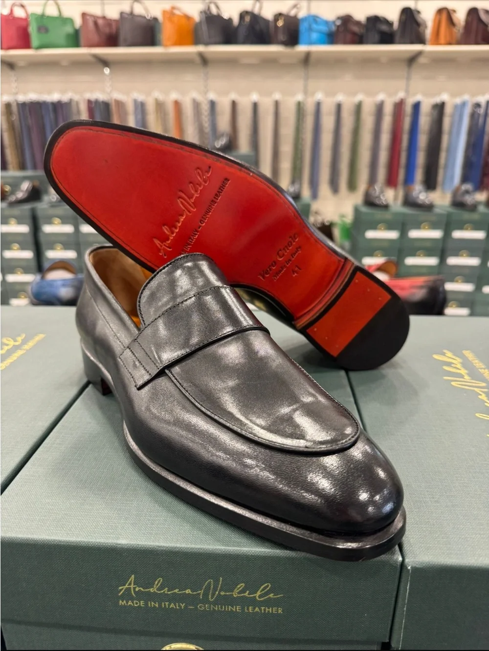 Classic Black Leather Men's Penny Loafers with patent red button